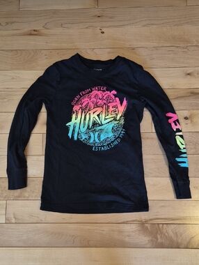 Boys Size 10/12 Hurley Black Long-Sleeve Tee with Neon Ombre Logo